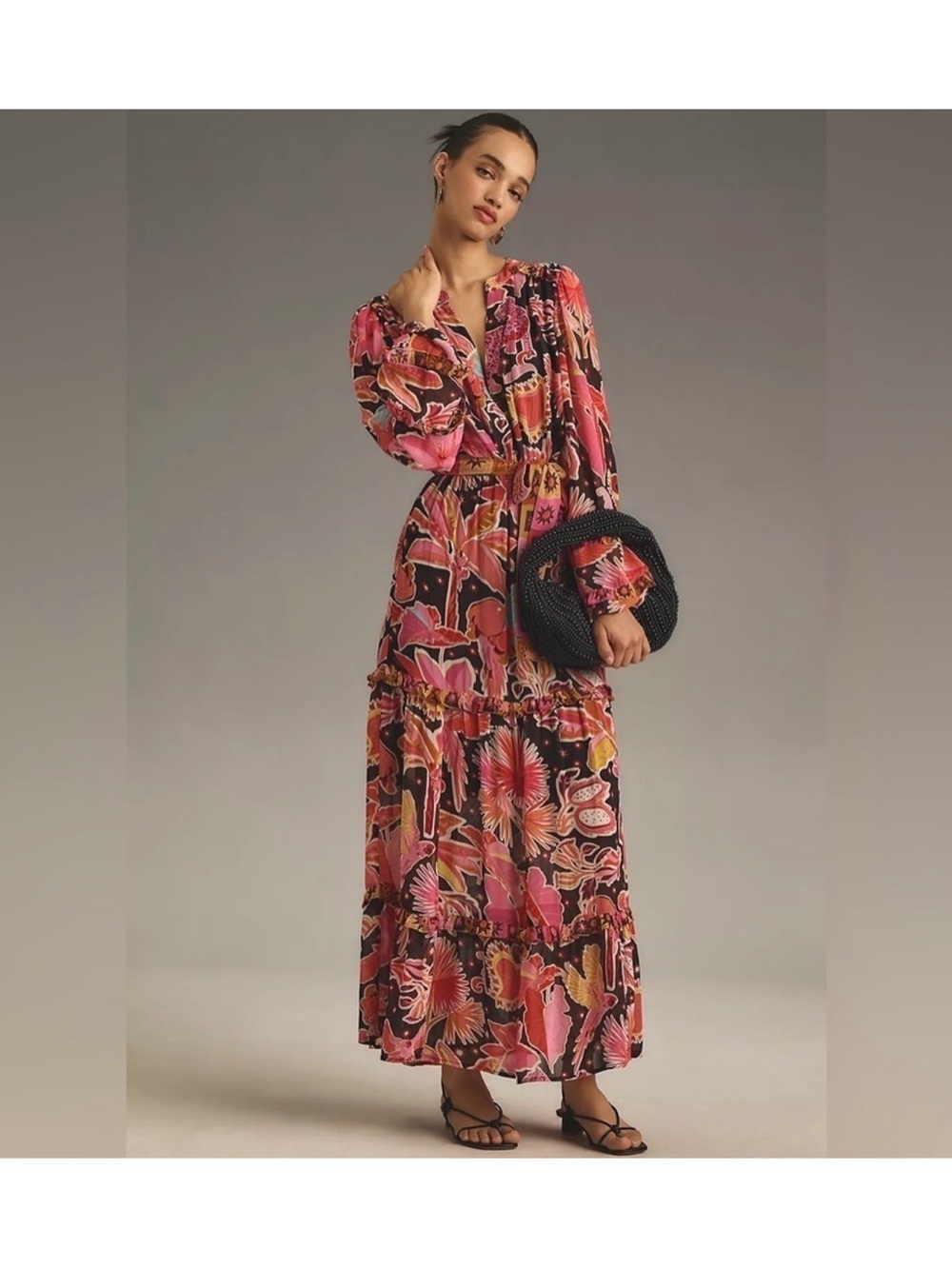 FARM Rio Enchanted Nature Floral Tiered Maxi Dress Black Pink L